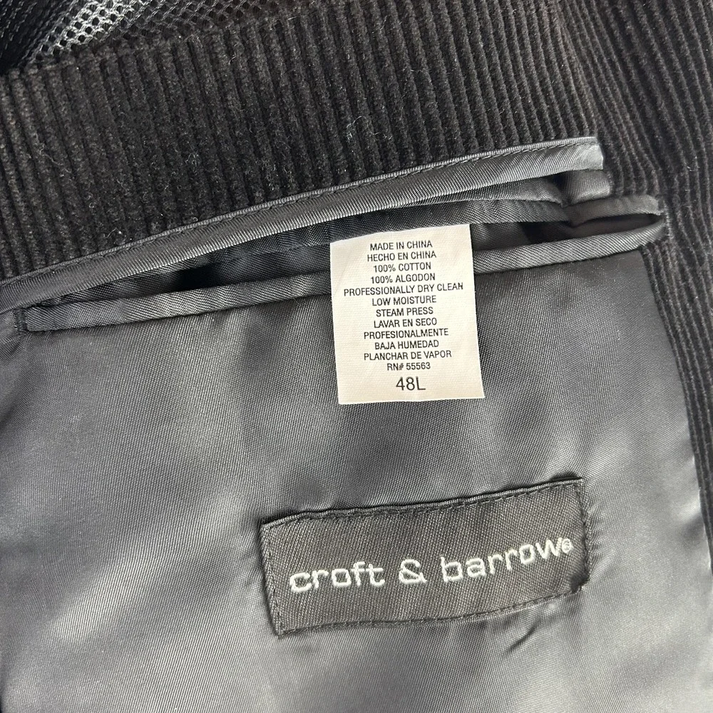 Croft & Barrow Blazer Mens‎ 48 Long Black Corduroy 3 Button Sport Coat Jacket